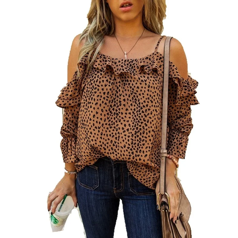 

2024 New Summer Full Sleeve Blouse Elegant Ruffle Printed Leopard Green Round Neck Off Shoulder Sexy Women Blouse Tops Big Size