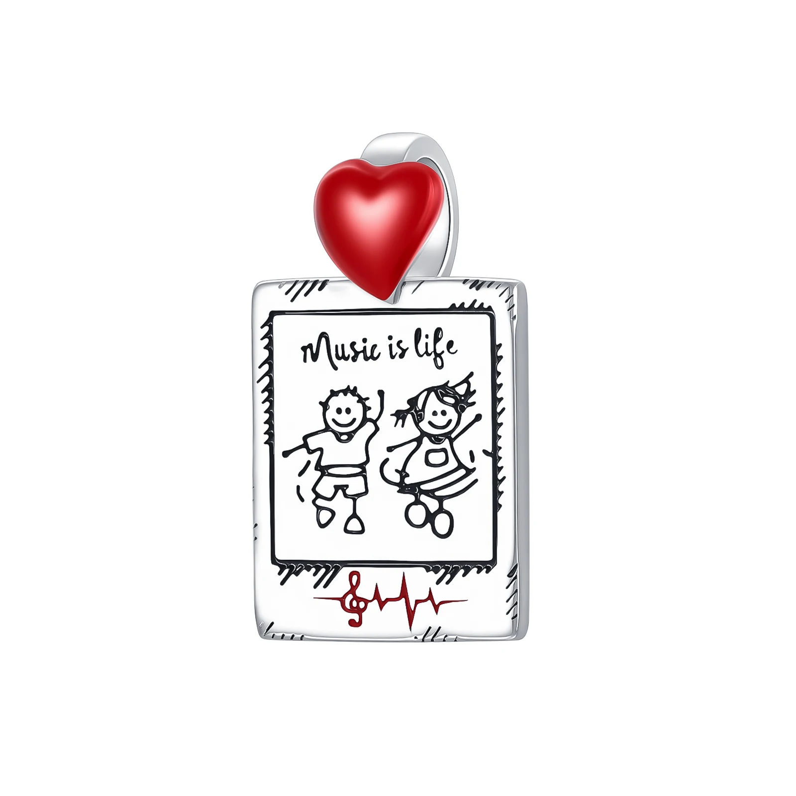 

925 Sterling Silver "Music is Life" Photo Frame Dangle Charm Bead Heart & Music Note Engraving Fits Bracelets Jewelry Gifts