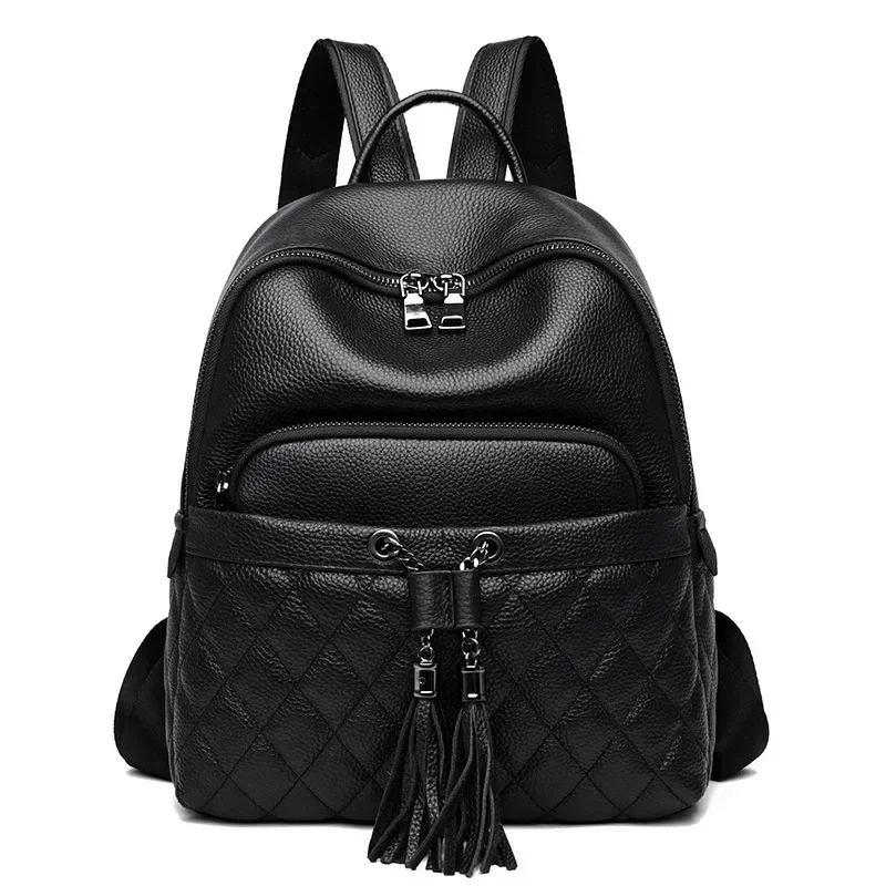 New Fashion Luxury Brand Cow Genuine Leather Women Backpacks Female Tassel Girl Student Korean Casual Designer Cowhide Backpack