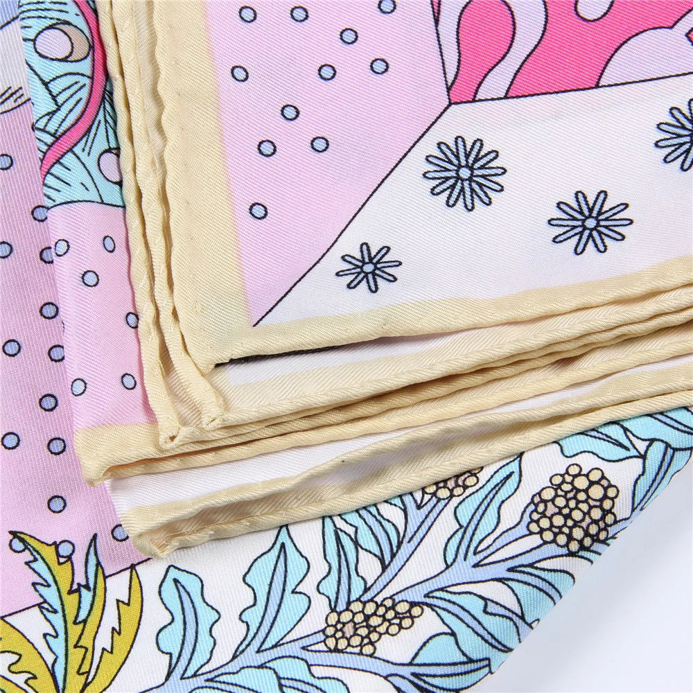 Manueller handgerollter Twill-Seidenschal für Damen, Konzertdruck, quadratische Schals, Wraps, Echarpes, gekräuselte Foulards, Femme, Bandana, Hijabs, 90 cm – Detail 17