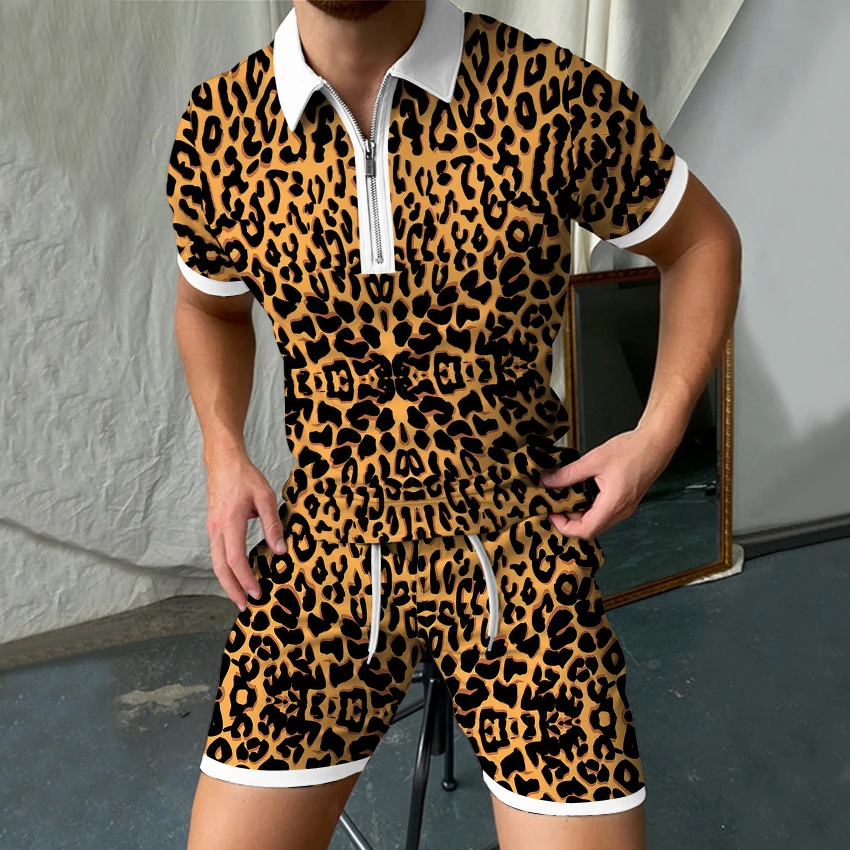 

Men's Clothing 3D Leopard Print Suit Casual Polo With Zipper Men's 2 Piece Suit Oversized Breathable Everyday Wear Sets
