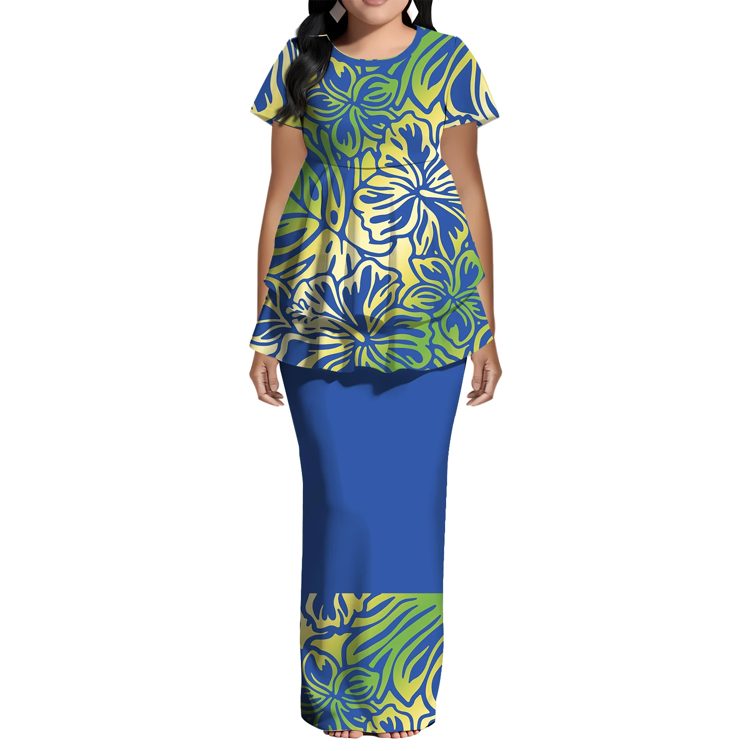 ポリネシアの伝統的な女性用プネタシ、サモア島の部族デザイン、高品質の半袖フィッシュテールトップスとスリムフィットスカート