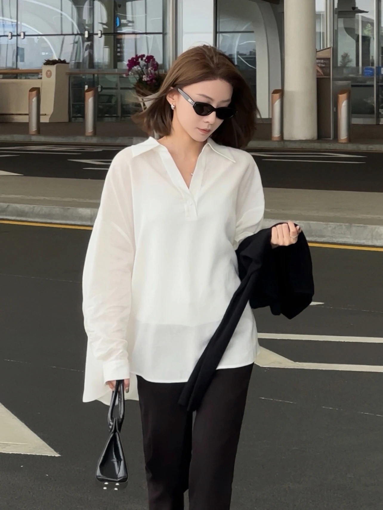 

Zhou Lazy Casual Summer New Mist White Shirt Turn-down Collar Loose Fit Women's Shirt Breathable Long Sleeve Pure Color