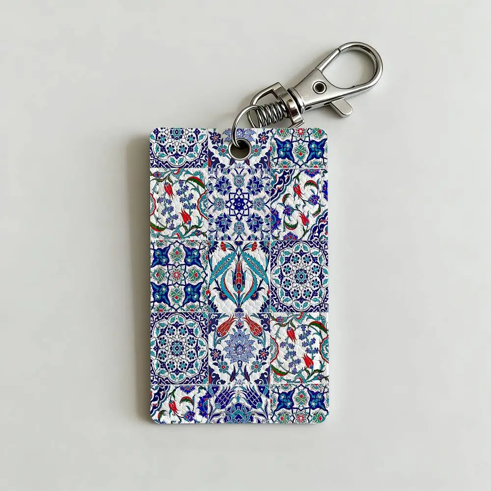 Art I-Iznik Tile Patterns Card Holder Men And Womenn Universal Antirust Keychain Learther Access Drop Key Tag Ring