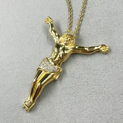 Hip hop men's Big Necklace Jesus Cross Pendant with rhinestone Gold Color Chain For women Head Face Christian Fashion Jewelry