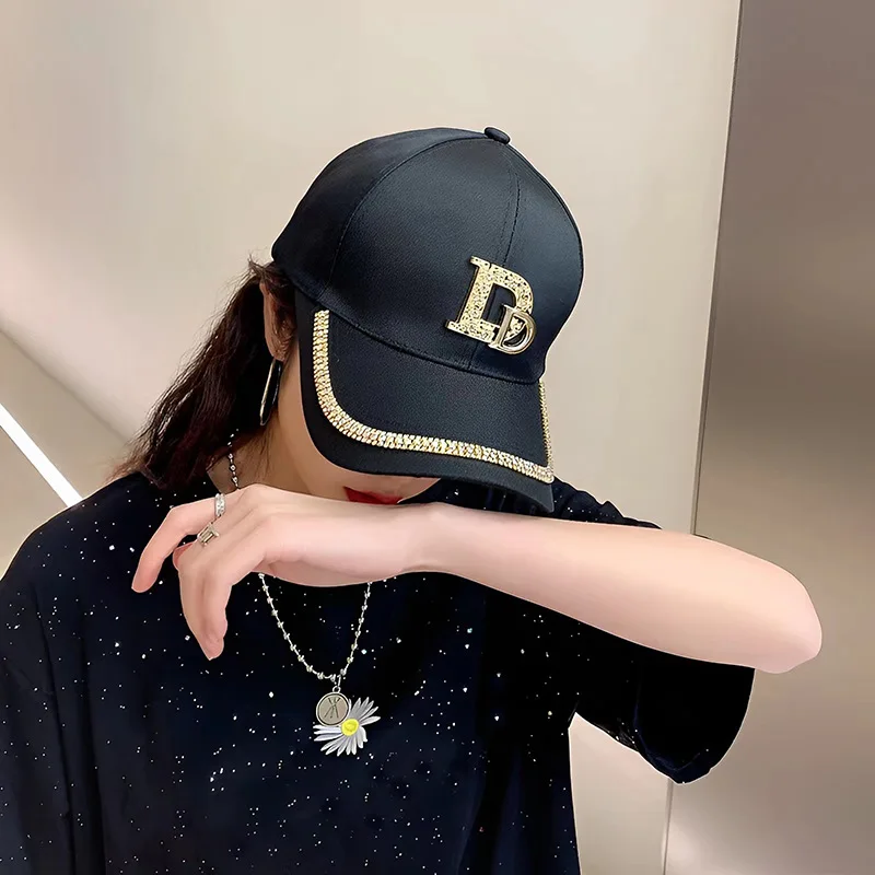 Polyester Adjustable Baseball Cap - Dazzling Rhinestone 'D' Letter, Sun Protection, Hand Washable, Woven Craft, for Prom Events