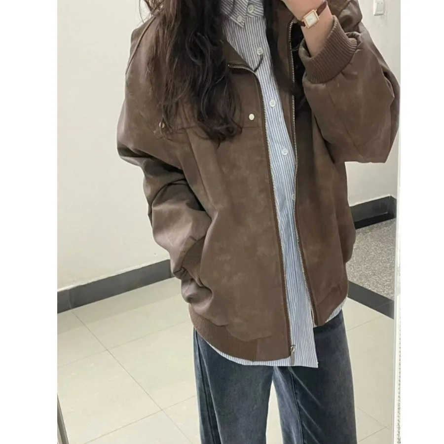 Retro American Coffee-Colored Women's Jacket Loose Casual Versatile Ins Motorcycle Jacket Top for Autumn 2026 Polyester Fiber