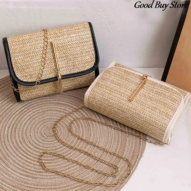 2023 Trendy Beach Shoulder Purse for Women Straw Square Bags Raffia Portable Crossbody Bags Popular Large Totes Travel Handbags