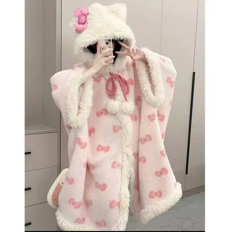 Miniso Kawaii Hellokitty أفخم الجلباب الفتيات لطيف سانريو أنيمي Y2K منامة مقنعين بطانية عادية الصوف ملابس خاصة النساء الملابس