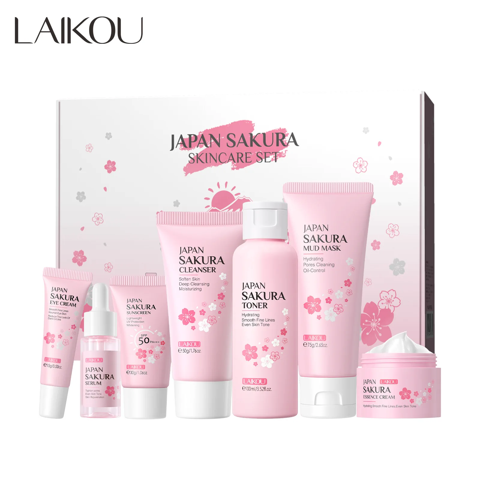 New 7pcs/Set LAIKOU Sakura Skin Care Sets Face Cream Serum Toner Facial Cleanser Mud Mask Sunscreen Eye Cream Skin Care Products