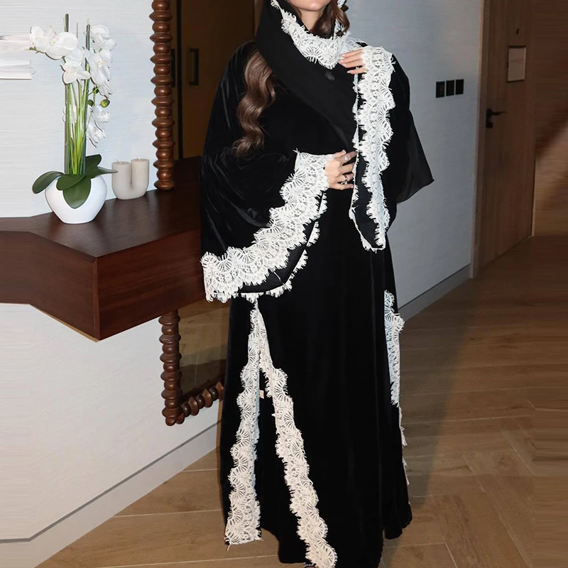 

Fashion formal occasion women's set lace patchwork Muslim solid color set elegant V-neck long sleeved loose robe 3Pc set
