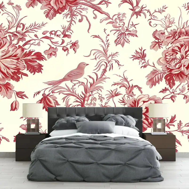

Customized Size Mural Chinese Flower Bird Branch Wallpaper Home Decoration Retro Red Flowering Bird Tree Painting 3d wallpaper