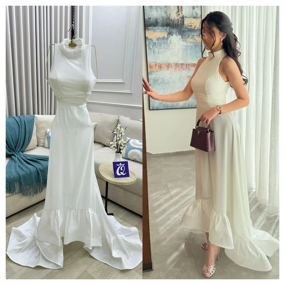 

Customized Elegant White Chiffon Evening Dress Fashion Crew Neck Sleeveless Party Dress High Quality A-Line Celebrity Gowns