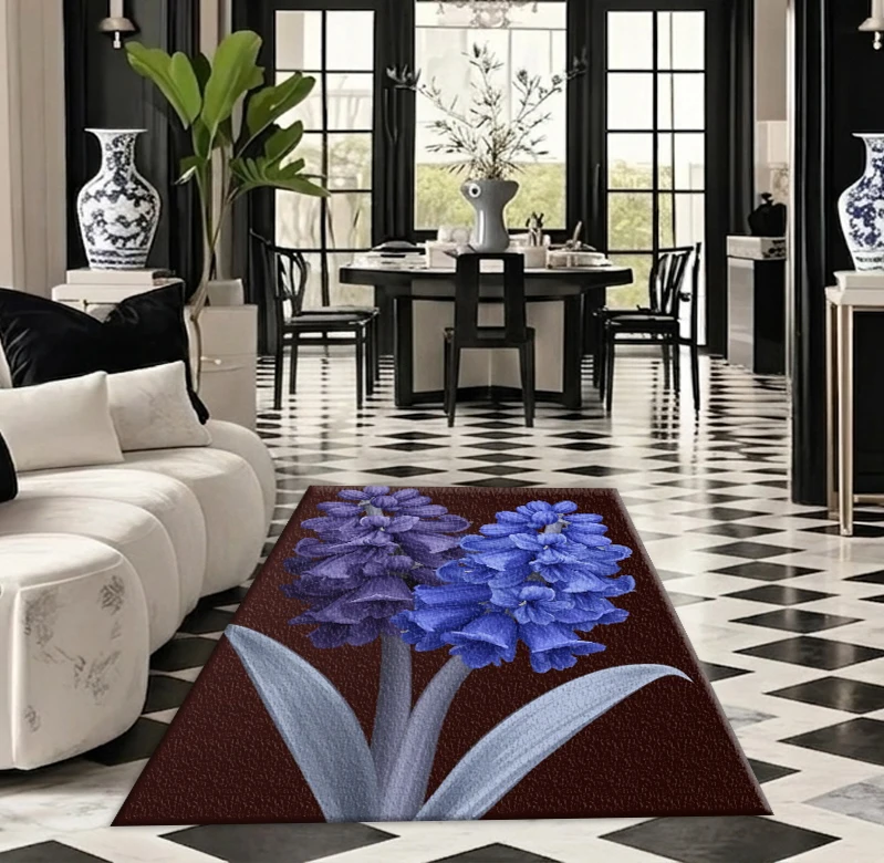 Blue and Purple Hyacinth Floral Art Carpet, Vintage Plant Print Square Rug Suitable for Living Room Home Interior Decoration