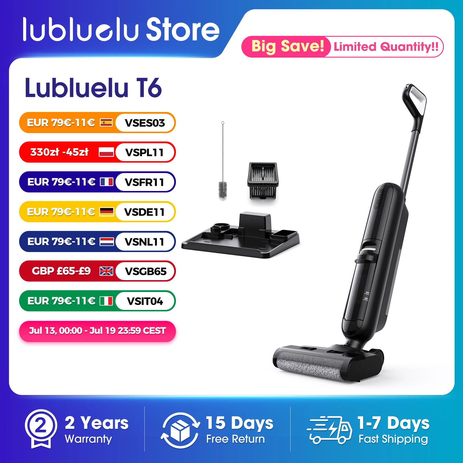 Lubluelu Aspirateur Balai Sans Fil Humide/Sec, Nettoyage des Bords, Aspiration Automatique 16KPa, Laveur de Sols Auto-Nettoyant, Appareil Domestique Intelligent