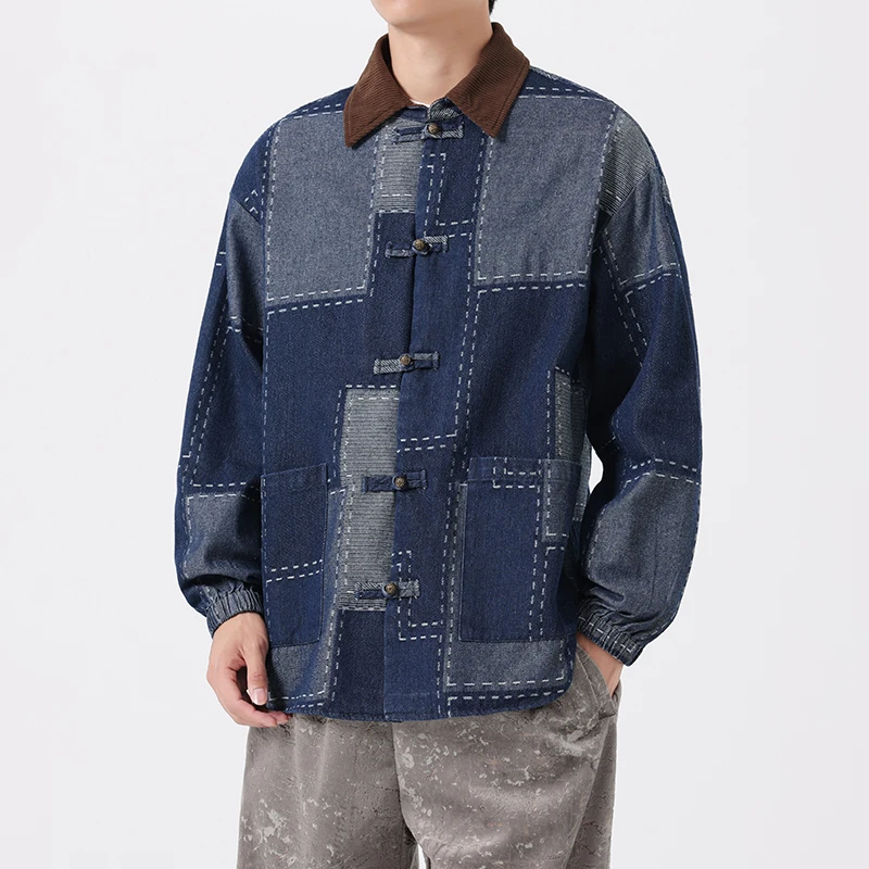 

Мужская джинсовая куртка свободного кроя в китайском стиле с пуговицами и нашивками, винтажная осенняя верхняя одежда, молодежный стиль, стандартный крой, удлиненная