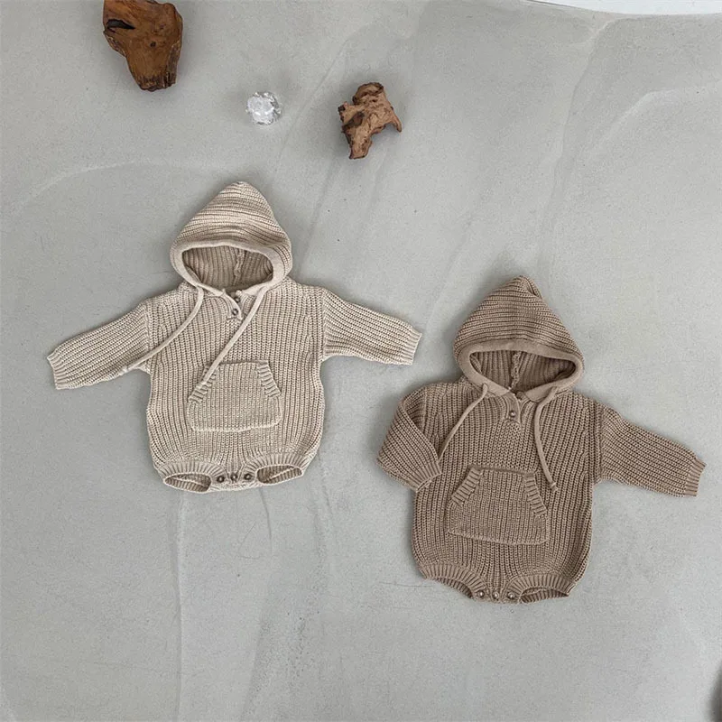

2025 Autumn New Baby Long Sleeve Hooded Bodysuit Solid Infant Girl Knitted Pocket Jumpsuit Newborn Toddler Clothes 0-24M