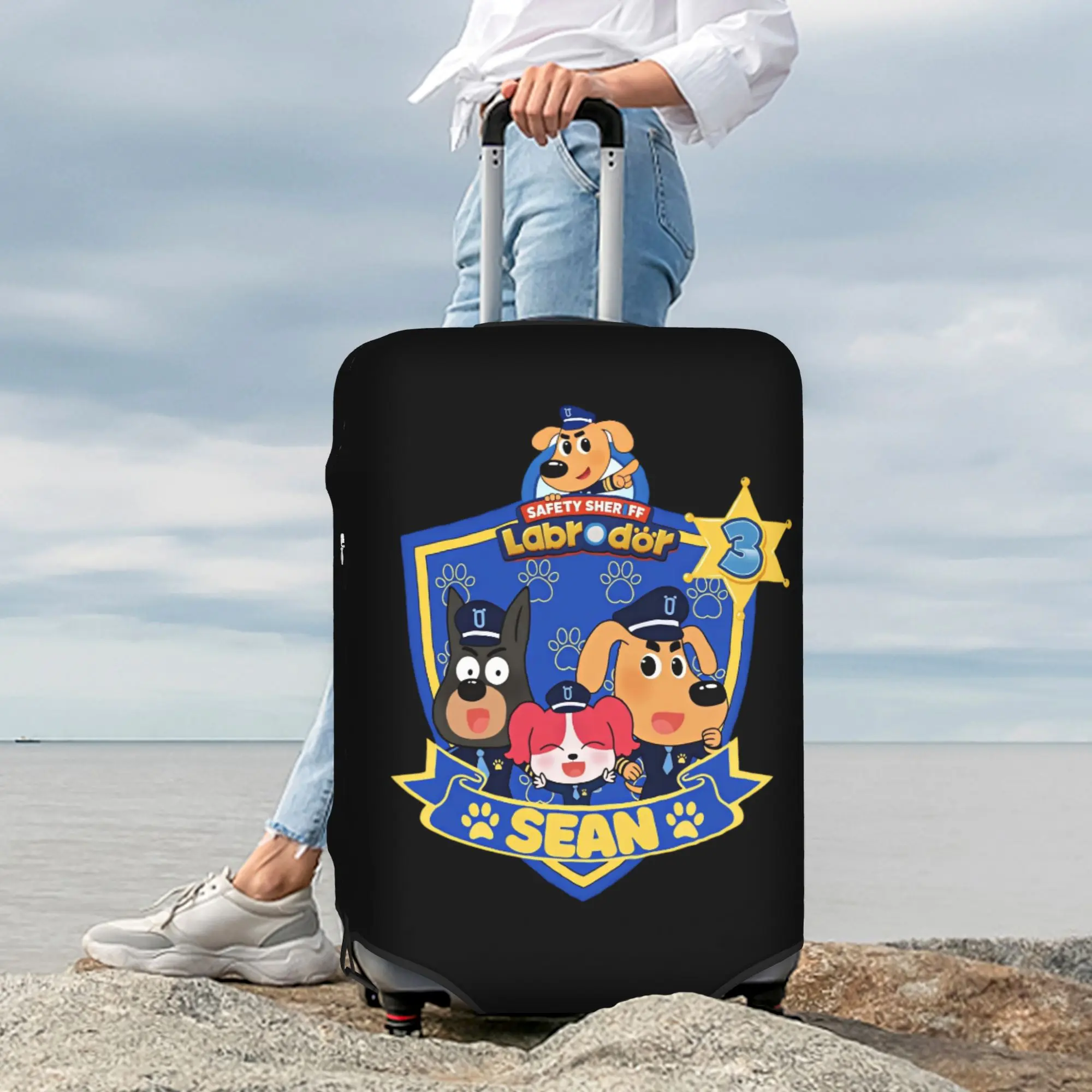 Sheriff Labrador Dog Cartoon Travel Luggage Cover Elastic Suitcase Cover Protector Fit 18-32 Inch 6