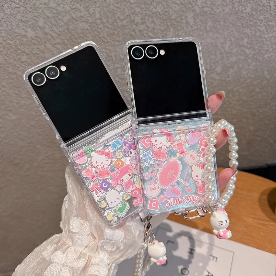 

Japan Anime Hello Kitty Kuromi melody folding Phone Case for Samsung Galaxy Z Flip 5 6 7 FE Feather texture Drop Resistant Case﻿