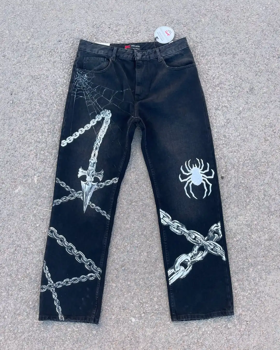 New American Y2K Goth Spider Chain Print Black Jeans Men's Loose Casual Wide Legs Street Hip Hop Rap Fashion Trousers