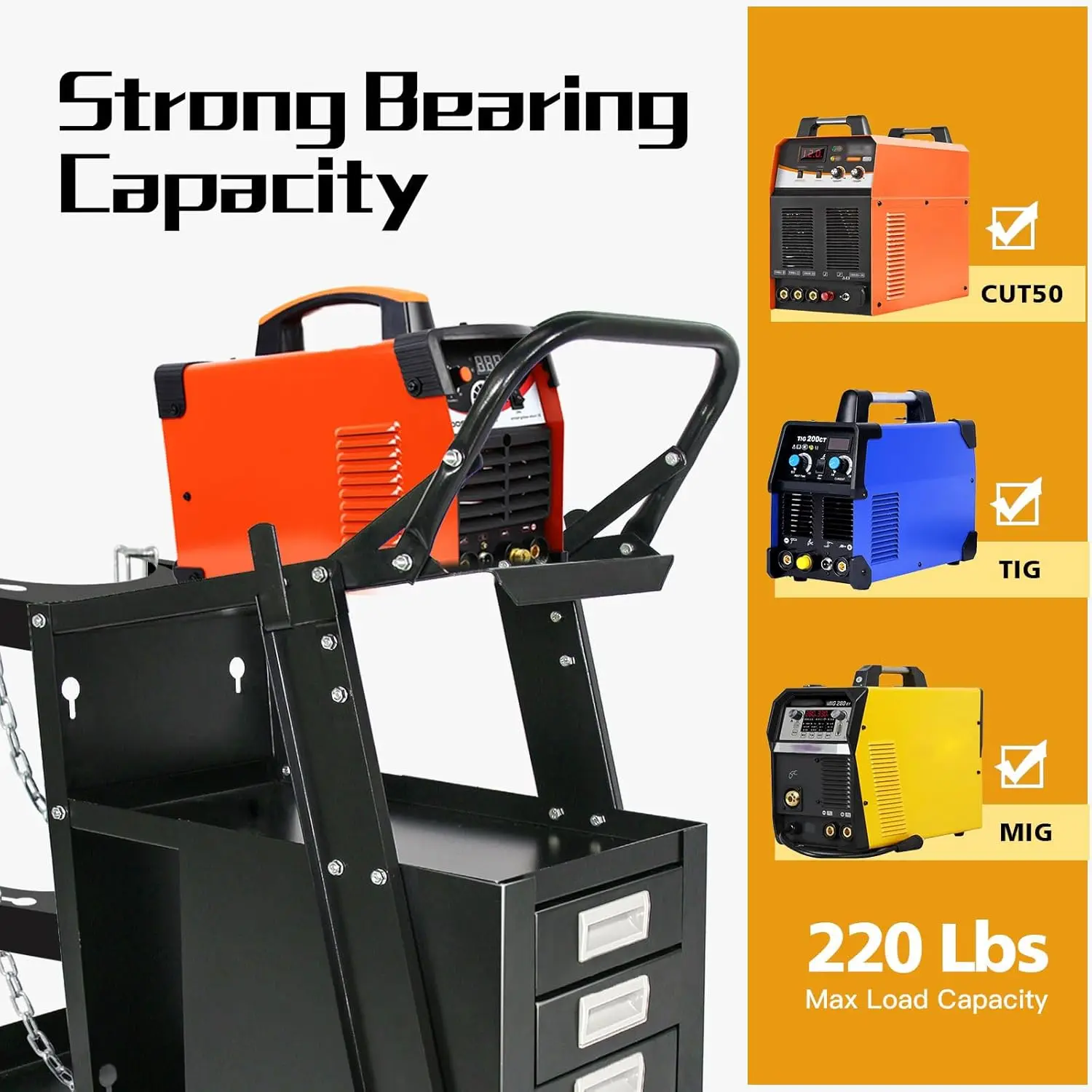 WeldingDrawers, Heavy Duty Rolling Welder Cart with Wheels Handles and Gas Tank Holder, for TIG MIG Welder and Plasma Cutter, Bl