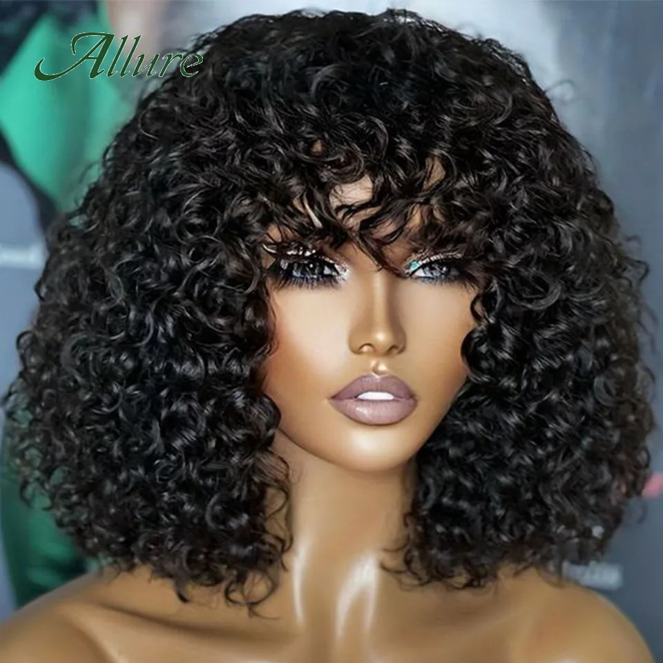 Perruque naturelle bouclée Jerry avec frange perruques de cheveux humains femmes noires courte couleur bordeaux brun sans colle brésilien Remy cheveux Allure