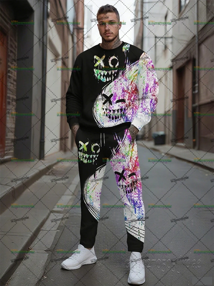 

Уличные модные спортивные костюмы для мужчин, толстовки в стиле хип-хоп + брюки, костюмы, 3D креативный пуловер с улыбающимся лицом, комплект мужской одежды большого размера