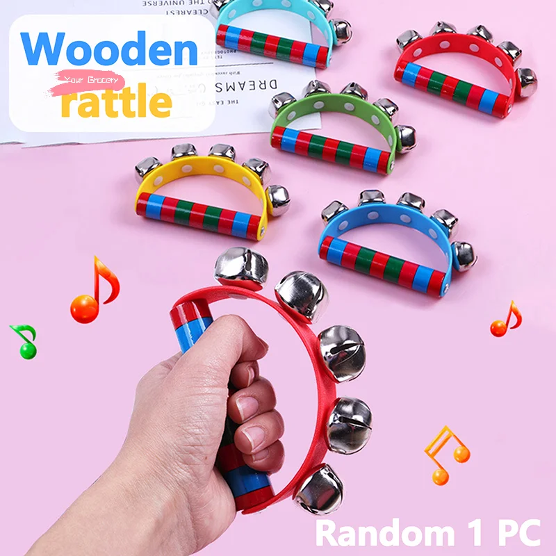 1Pc 子供用木製ハンドベル 5 ジングルベル付き楽器おもちゃ音楽クラス用知的小道具ハンドベル