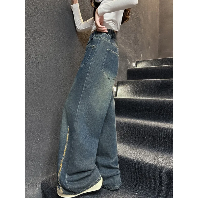 Girls Pants 2024 Autumn New Childrens Clothes Girls Baby Foreign Style Hair-edge Wide-leg Mop Jeans Casual Simple Daily