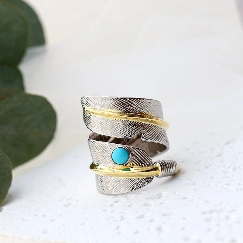 Hot New 925 Sterling Silver Inlaid Natural Turquoise Feather Rings Fashion Jewelry Gifts Adjustable Size Retro Women Open Ring