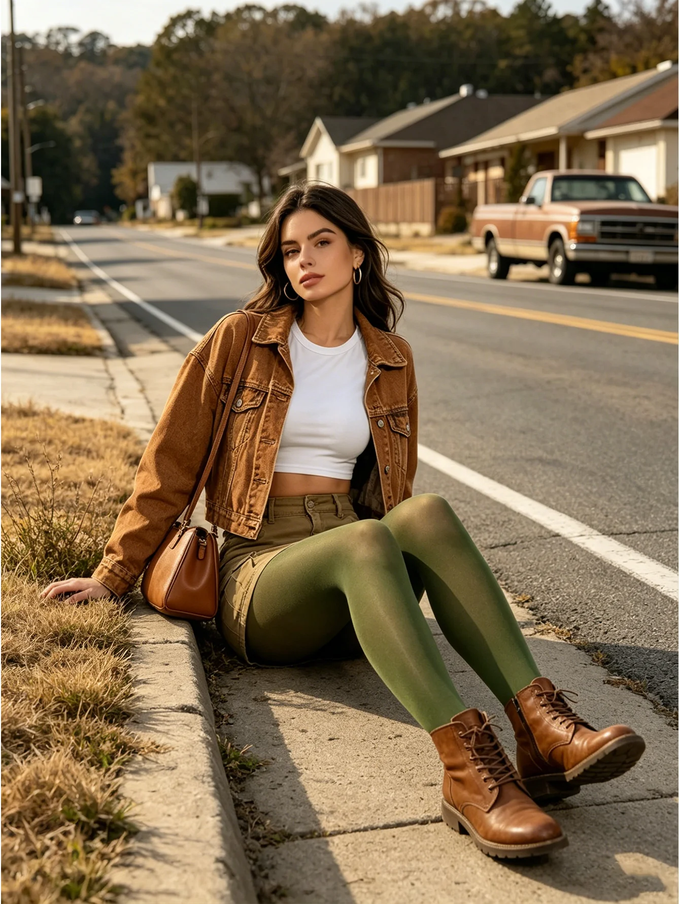 1 par de pantimedias opacas de color verde oliva mate, de color sólido, alta elasticidad, para mujer, estilo retro casual de otoño.