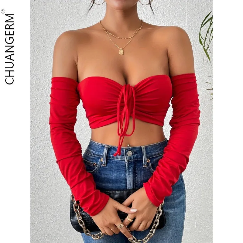 

CHUANGERM Sexy Corset Solid Casual Backless Bandage Crop Tops Off Shoulder Slim Strapless Lnner Camisole Lingerie Woman Push Up