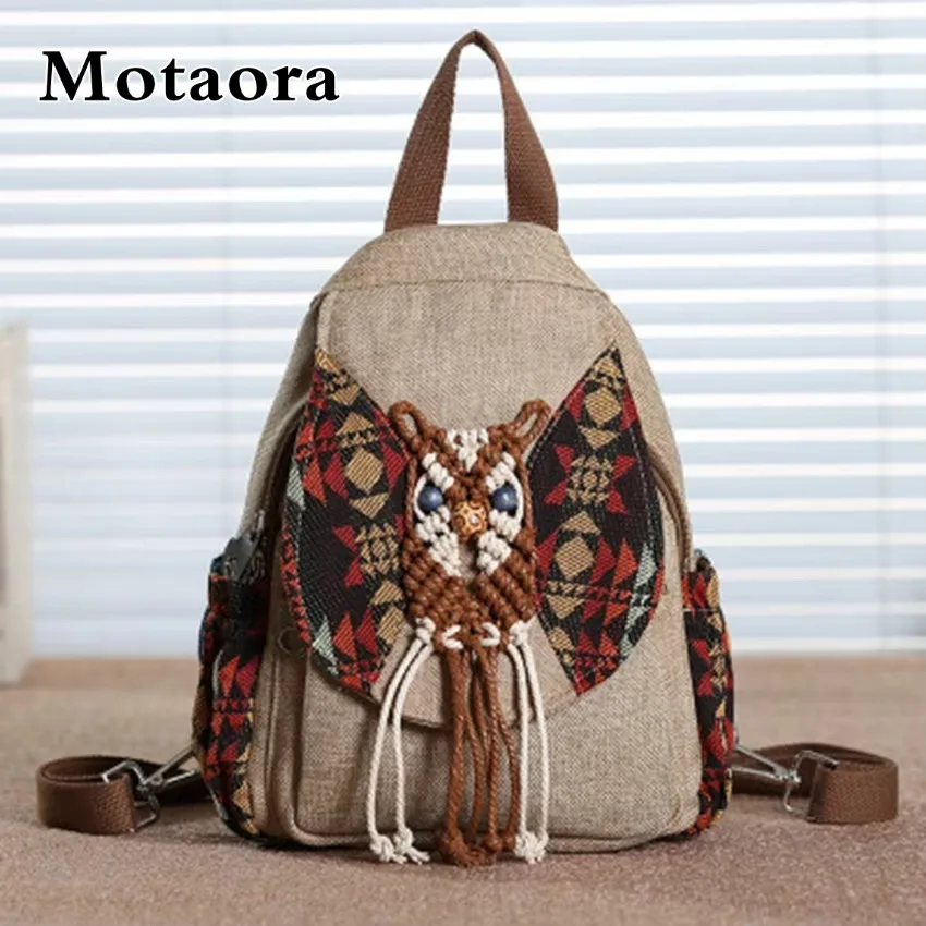 MOTAORA Handmade Canvas Women's Vintage Weave Owl Pattern Backpack | New National Tassel Travel Bag