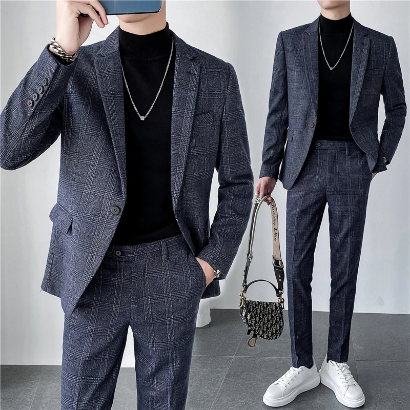 2024 Autumn and Winter British Fashion (suit + Trousers) Trend Boutique Business Casual Plaid Men's Three-piece Set  M-7XL