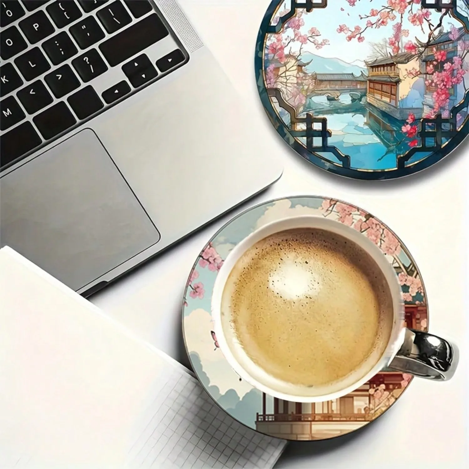 

2D FLAT 6pcs/Set Japanese Cherry Blossom & Landscape Wooden Coasters - 10cm, 3/5mm Thick, Perfect For Tea, Coffee & Beverages - Ideal Home Decor Housewarming Gift, Decorate Bedroom, Living Room, Kitchen, Garden, Office, Gift For Parents & Friends