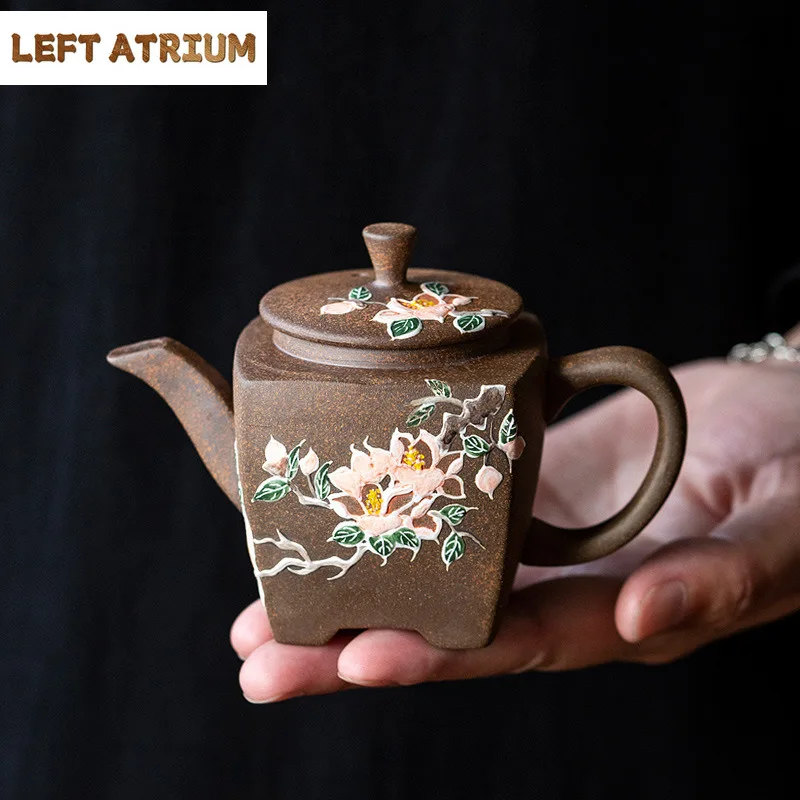 

125ml Old Rock Mud Square Peony Teapot Ancient Tea Infuser Pot Tea Making Kettle With Ball Hole Tea Ceremony Accessories Gift