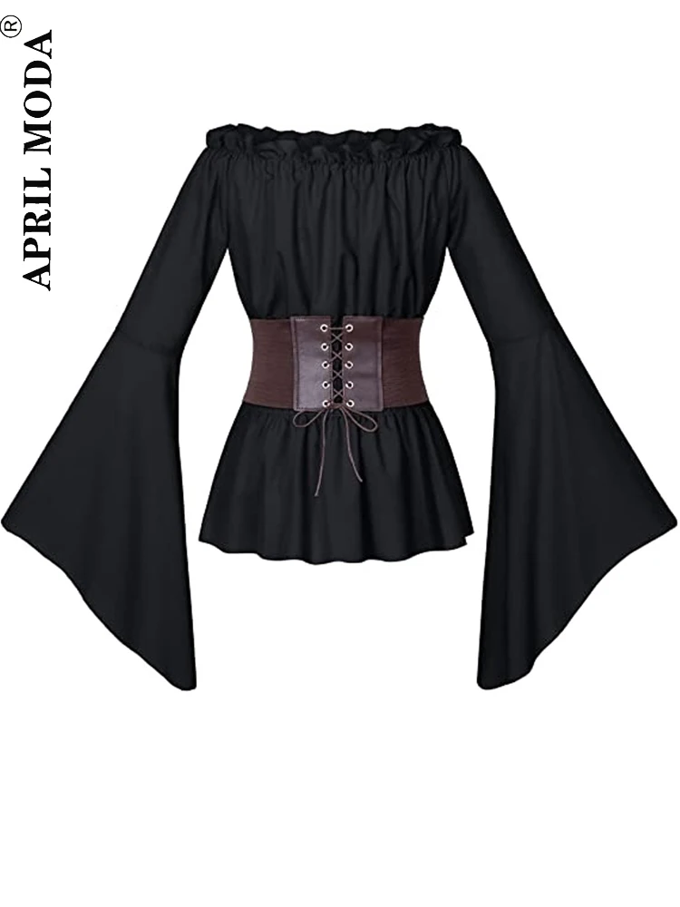 2023 Elegant Halloween Cosplay Vintage Shirt Solid Corset Renaissance Victoria Medieval Steampunk Pirate Tops Bandage Shirts