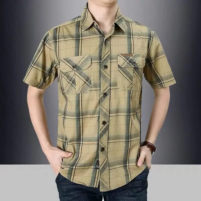 Outdoor Summer Hiking Camping Short Sleeved Shirt Grid Pattern Loose Large Size Cotton Tactical Casual Shirt With Chest Pocket