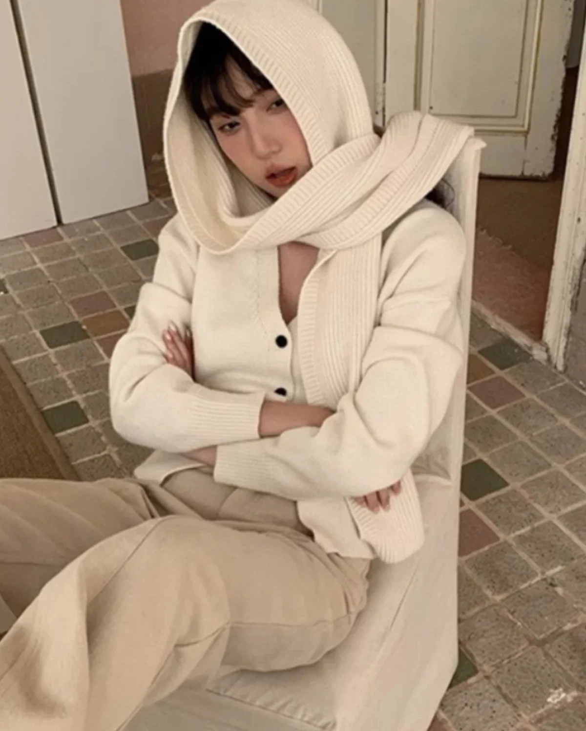 Koreaanse Sle Sweater Vest Lang Sve Dunne gebreide bovenkleding met sjaalkraag Loose Fit Herfst Winter Tweedelige set Dames...