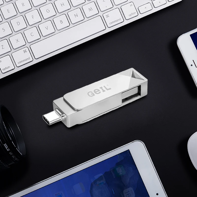 GeIL GP100 stik memori USB 3.0, Flash Drive logam tipe-c + USB 128 Dual Port 32G 64G 256G 512 GB G untuk ponsel