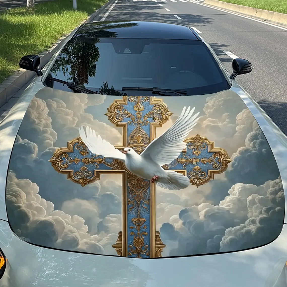 

The Cross Dove Car Hood Wrap - Self-Adhesive Waterproof Scratch-Resistant Vinyl Decal, Durable PVC Car Hood Sticker For Trucks &