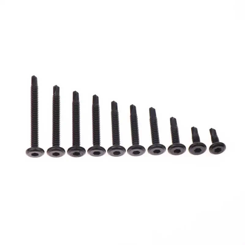 Parafusos de zinco preto autoperfurantes, conjunto de 10 peças, tampa sextavada de cabeça plana M5.5, perfeita para rosquear chapa metálica.