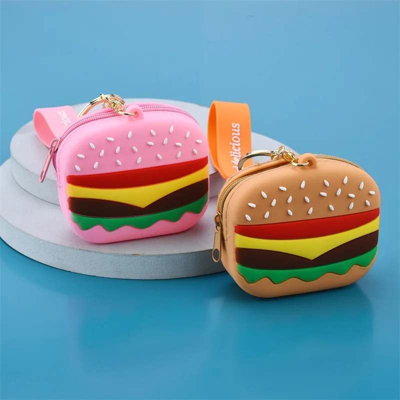 Fashion Silicone Simulation Hamburger Purse Pendant Keychain Female Cute Exquisite Mini Wrist Bag Girl Heart Keyring Women Gift