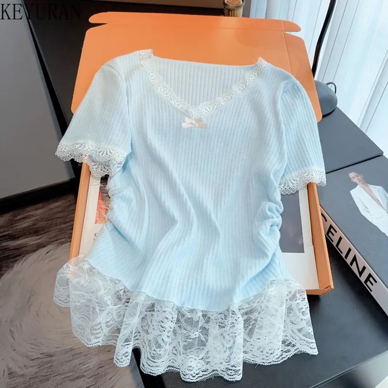 

2025 Summer Lace Spliced Knit Sweater T-shirt Women Elegant Fashion V-neck Short Sleeve Stylish Chic Pullover Knitwear Tops Tees