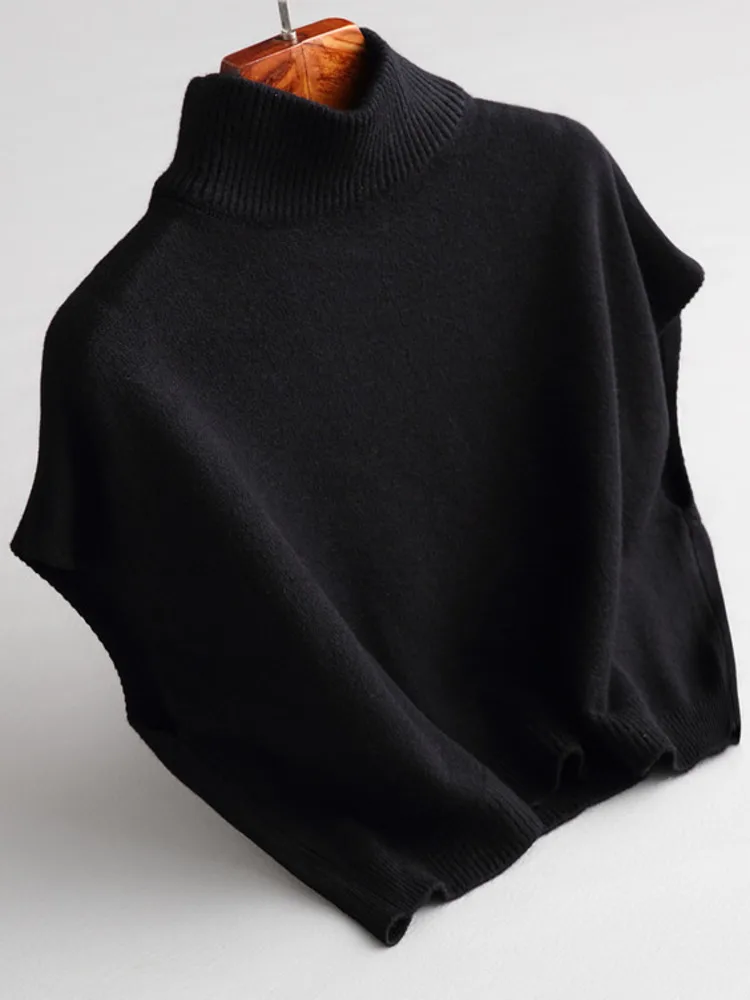 WHTREND 여성용 하이 칼라 니트 스웨터 반팔 배트윙 스타일 루즈 캐주얼 풀오버 가을 겨울 신상품 WH1258