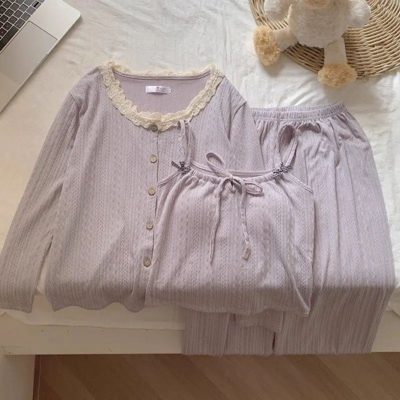 

3Pcs Homewear with Chest Pad Pajamas Female Spring Autumn New Style Long Sleeves Trousers Sling Sexy Sweet Lounge Clothes