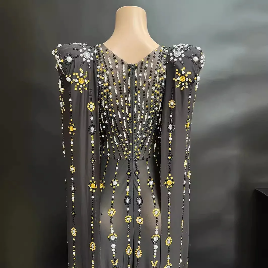Birthday Party Stage Performance Long Sleeve Shiny Diamond Black Ladies Sexy Mopping Evening Dress Women's Evening Festive Dress