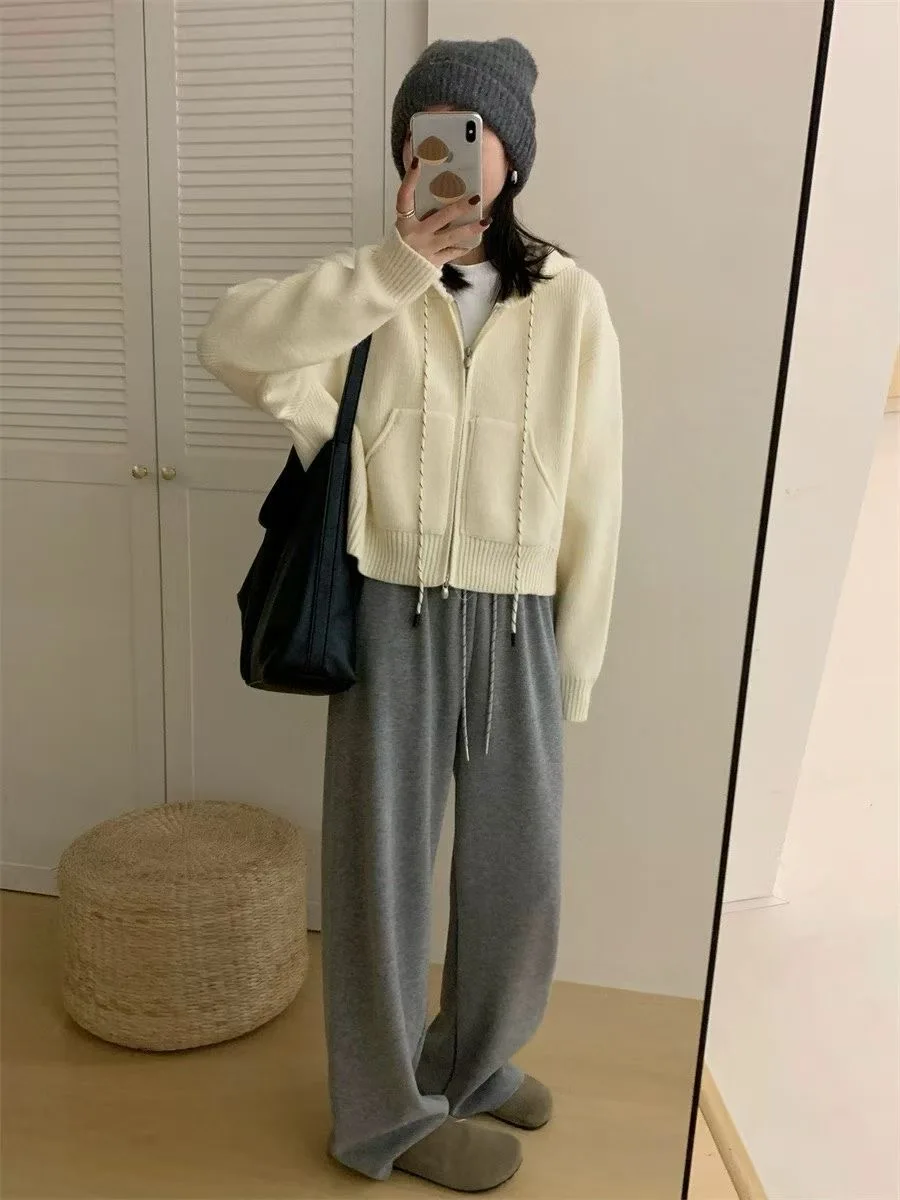 Drawstring sweater cardigan short autumn cashmere new hooded knit coat loose lazy.