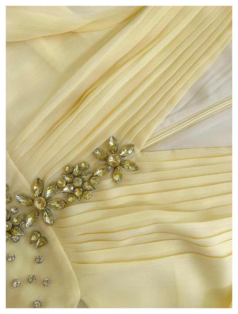 Ele bordado diamante ahueca hacia fuera el largo Dr color amarillo vacaciones falda acampanada de cintura alta Dr para mujer para Par Weddin...