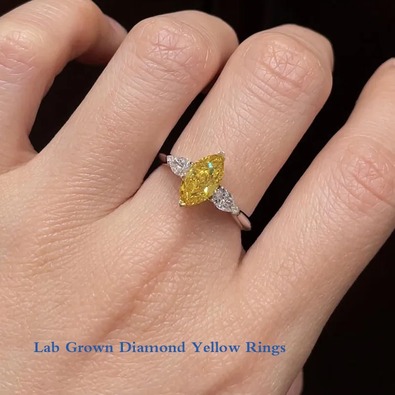 

Кольцо из белого золота 14 карат с тремя камнями, 1 карат, VS/VVS, желтый бриллиант маркизы, выращенный в лаборатории, обручальное кольцо для женщин, кольцо на годовщину